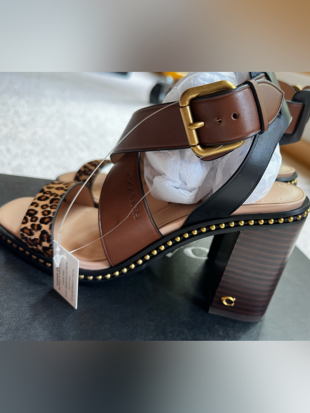 NIB Coach Mandy Leopard Brown and Black Leather Studded Block Heel Sandals 7.0!